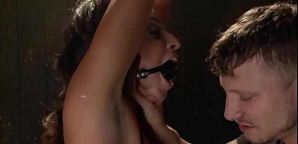 Bound slut throat and cunt banged